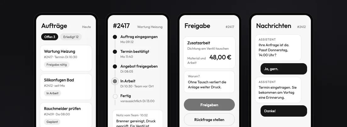 Beispielansicht: vier App-Bildschirme – Aufträge, Verlauf, Freigabe und Nachrichten