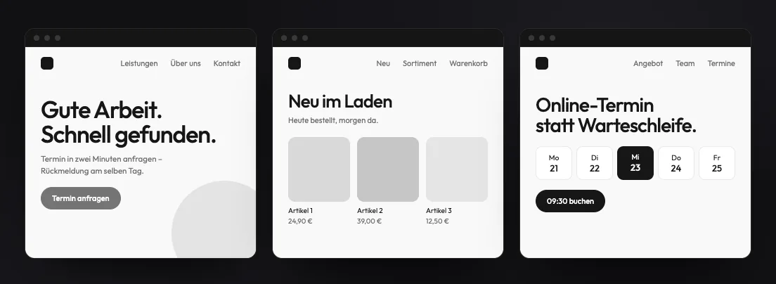 Beispielansicht: drei Websites – Handwerksbetrieb, Online-Laden und Online-Terminbuchung