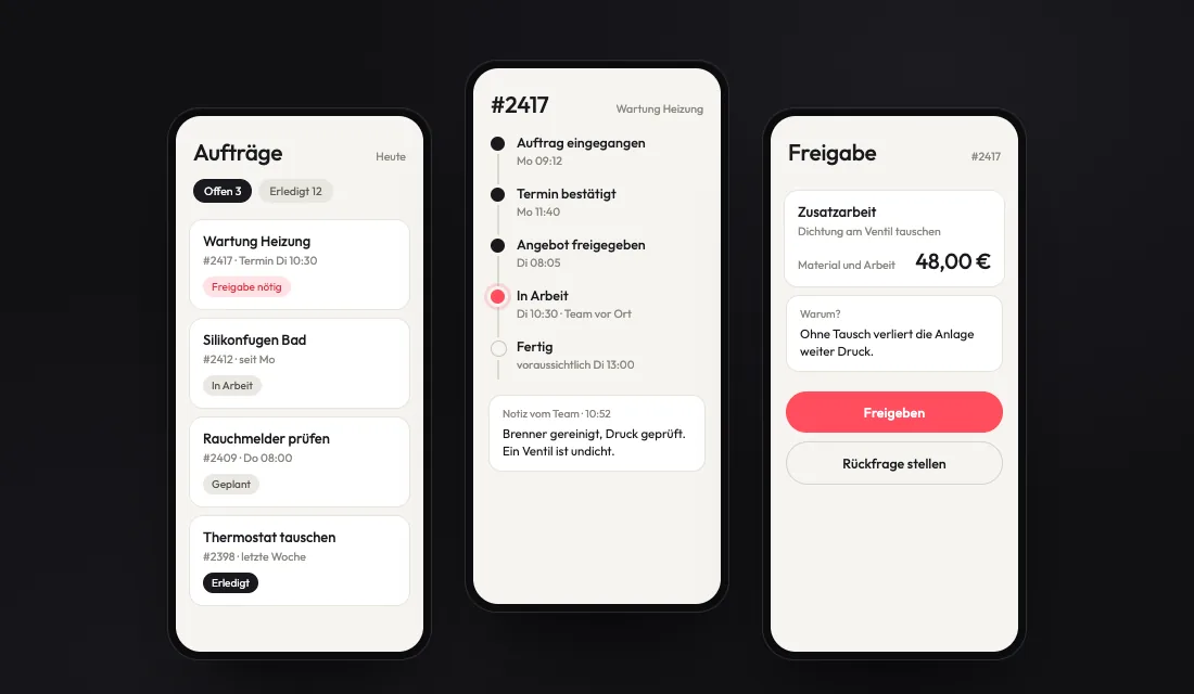 Beispielansicht: drei Bildschirme einer Kunden-App – Aufträge, Verlauf und Freigabe