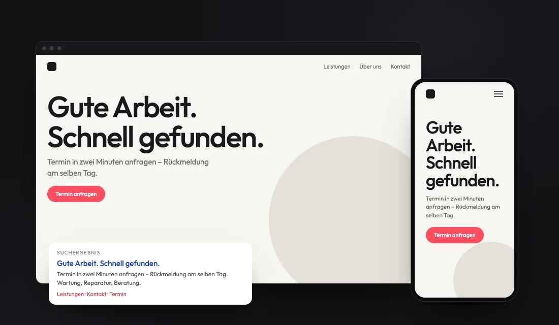 Beispielansicht: eine Website auf Desktop und Handy mit dem passenden Suchergebnis